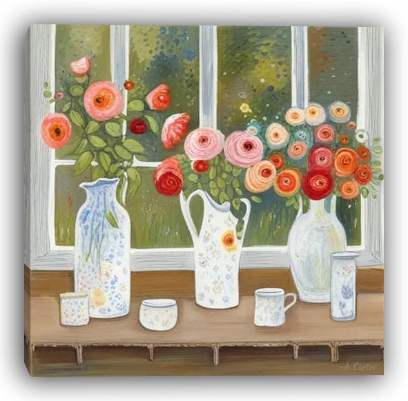 Joyeux pichets et pétales - Art floral de fenêtre fantaisiste, H 40 po x l 40 po