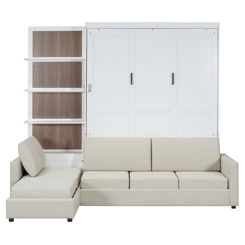 Grand lit escamotable moderne avec canapé multifonctionnel et rangement, design en bois blanc