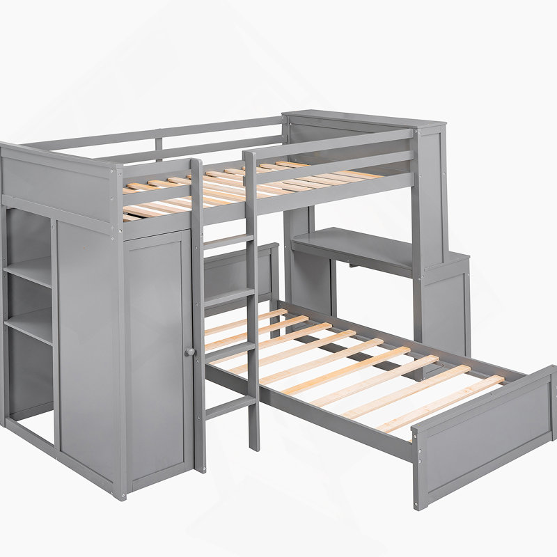 Lit mezzanine Katrece avec tablettes, bureau et garde-robe Sd-Alone, Gris, Simple