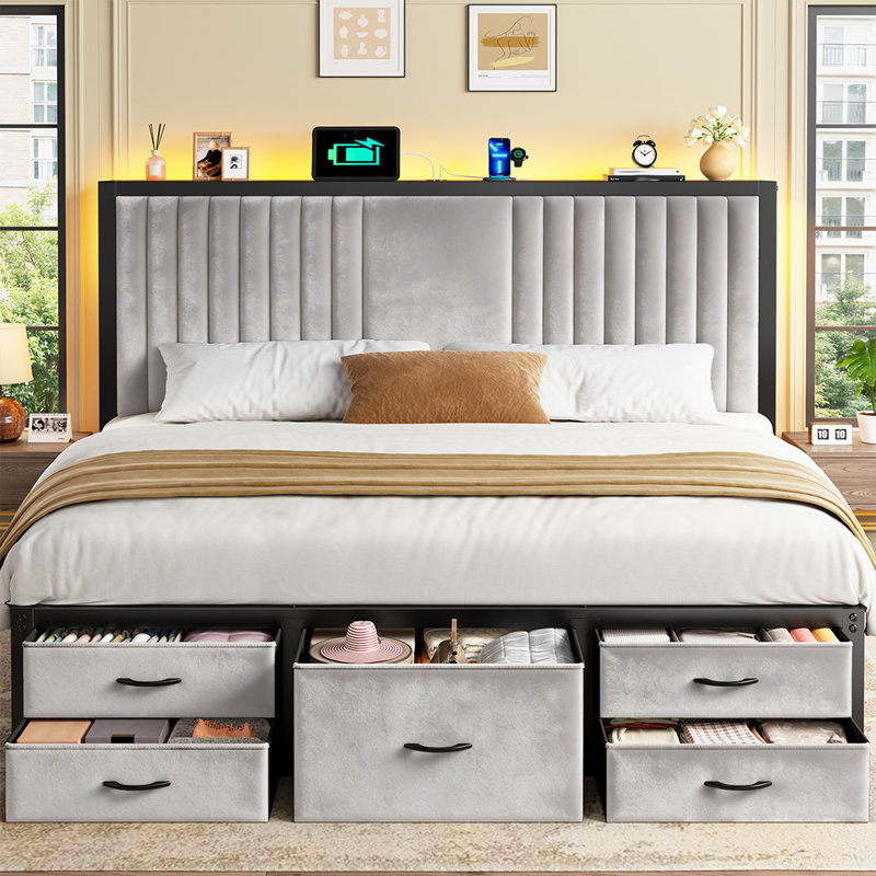 Upholstered Platform Bed With 5 Drawers & Storage Headboard, Metal Bed Frame With Led Lights & Charging Station, King
