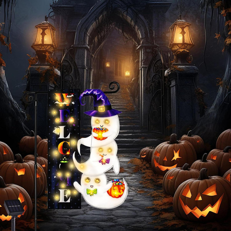 Drapeau d'Halloween illuminé pour le jardin, drapeau de jardin solaire pour l'extérieur, 8 modes décorations pour Halloween