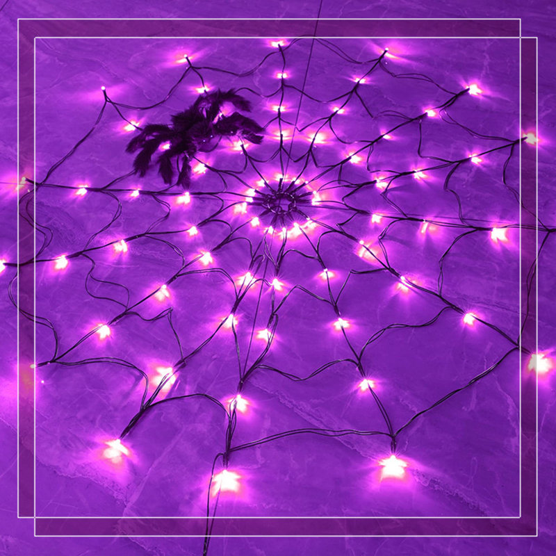 Ensemble de lumières d'Halloween en toile d'araignée - Toile 47 po (80 Leds) + araignée 11,8 po, 8 modes, étanche IP44, alimenté par piles pour un décor intérieur extérieur