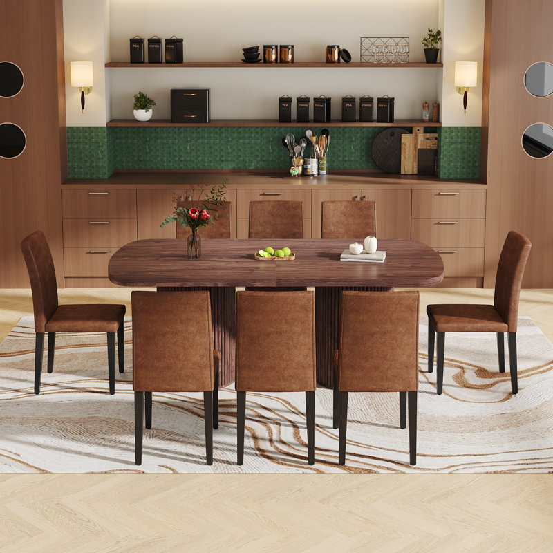 Large Farmhouse Kitchen Dinning Table Set Double Robust Pedestal, Brown Wood/Brown Wood, Brown, 9 Pieces: Table, 8 Chairs