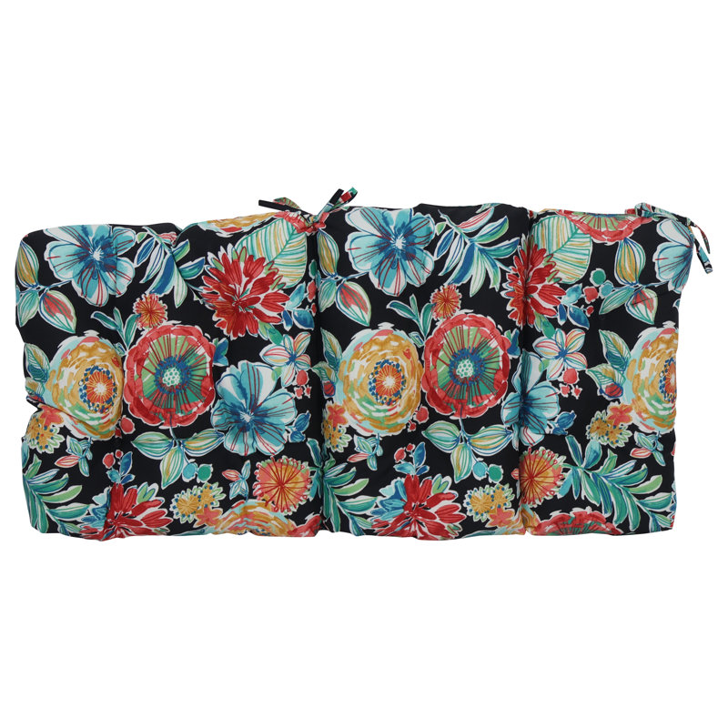 Outdoor Tufted Seat/Back Chair Cushion, Black/Colsen Noir Floral, 20" W x 20" D