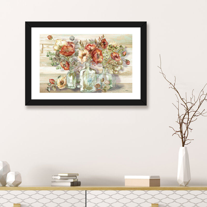 «Spice Poppies and Eucalyptus in Bottles Landscape» par Tre Sorelle Studios - reproduction d'art, H 16 po x l 24 po x P 1 po