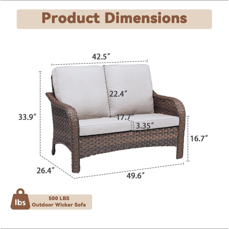Causeuse de patio en osier 49,6 "avec coussins de siège beige, Beige