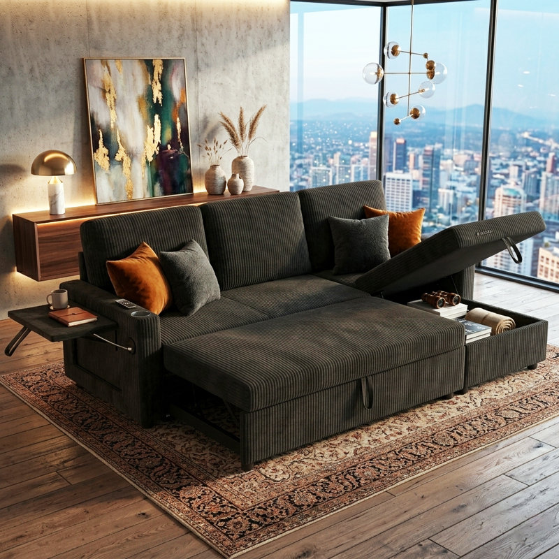 83.5'' Convertible Sleeper Sofa with Pull-Out Bed, Corduroy L Shaped Sectional Couch with Storage Chaise & USB Charging Port