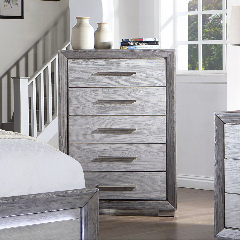 1pc Commode de style transitionnel, pieds en métal, glissières à billes, poignées de bar, finition grise