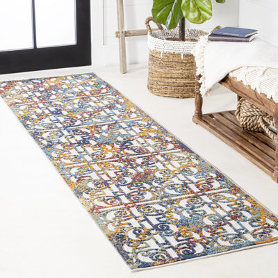 Wolfhard Ornate Trellis Cream/Blue/Orange Indoor/Outdoor Rug