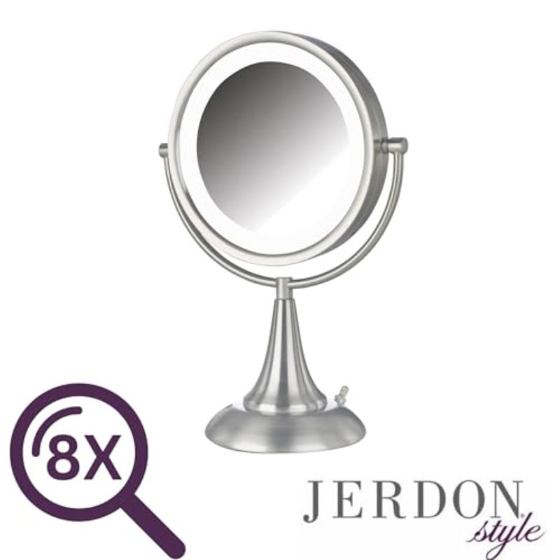 8.5" Lighted Tabletop Magnified Makeup Mirror, Plug In, Nickel