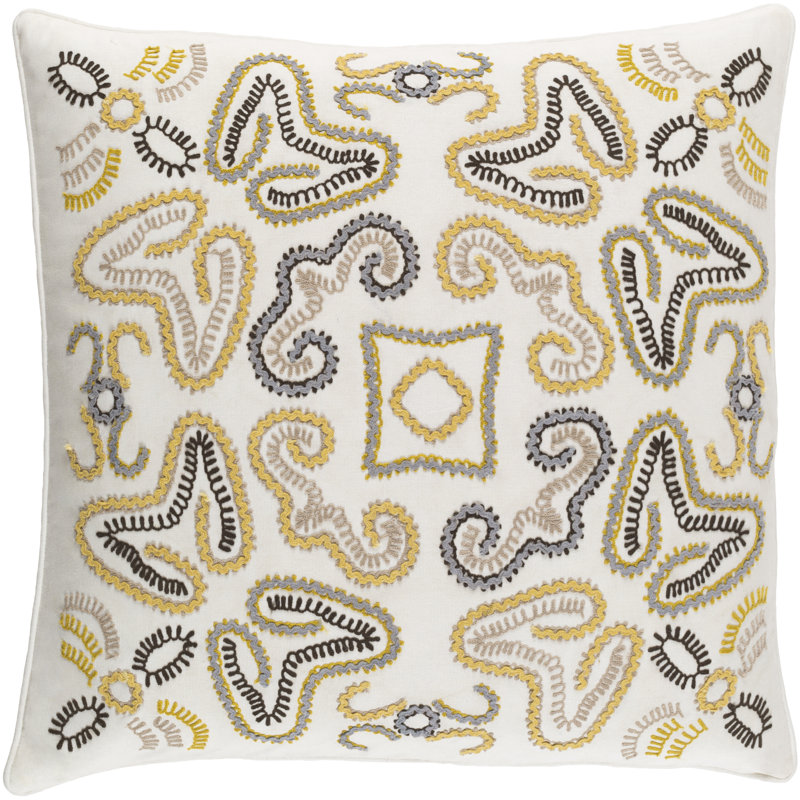 Avana Paisley Cotton Throw Pillow, 20" x 20", Cream/Yellow/Black, Polyester/Polyfill