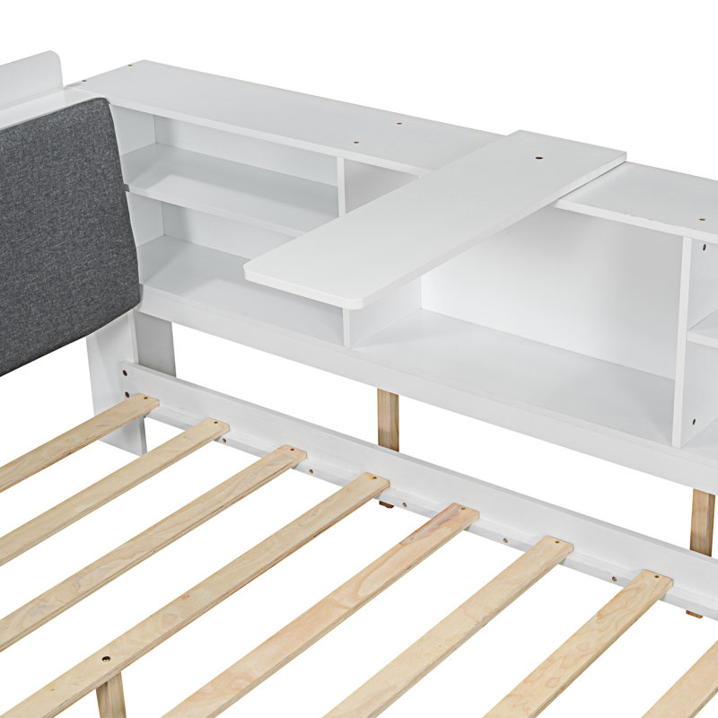 Lit plateforme en bois avec tête de lit, tablettes et 2 tiroirs, Blanc