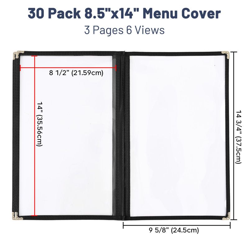 Yescom 30 Pack 8.5"X14" Menu Cover 3 Pages 6 Views Black Triple Book Style Cafe Restaurant Folder, 8.5" H x 14" W, Black