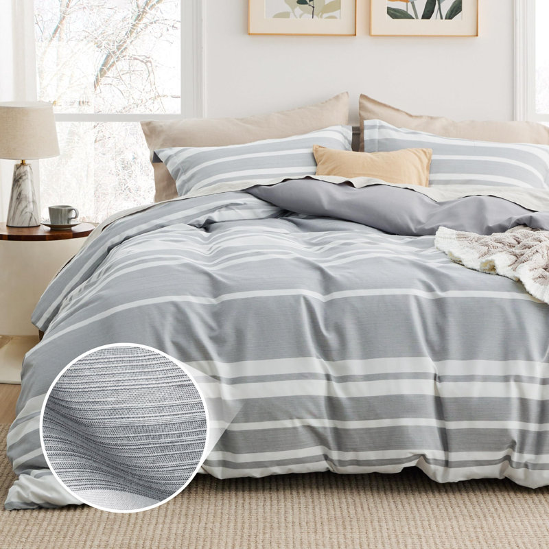 Housse de couette pour lit super douce avec fermeture à glissière, Rayures gris chiné