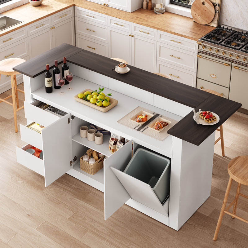 86.6’’W Modern Kitchen Island with Trash Can Storage , Center Island for Kitchen, Prep Station, Coffee Bar