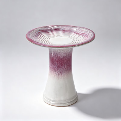 Bain d'oiseaux sur pied artisanal, abreuvoir en céramique à motif rose ombré pour terrasse et jardin