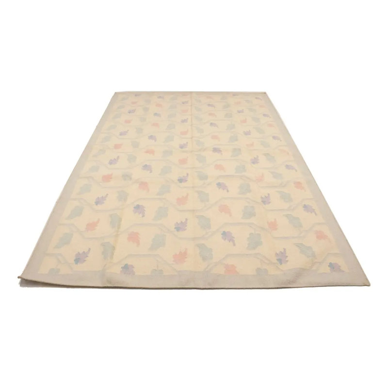 Tapis beige indien à motif floral Dhurrie 6X9