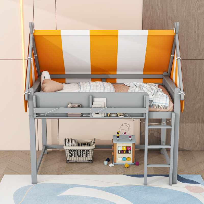 Wooden Loft Bed With Canopy, LED Light And Ladder, Gray, Full