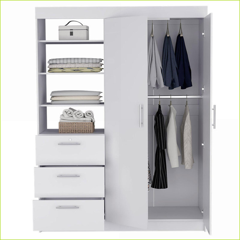 Commodes et amp; Armoire-penderie, armoire polyvalente blanche avec 2 portes, 3 tiroirs et 4 tablettes | Blanc | Bois d'ingénierie
