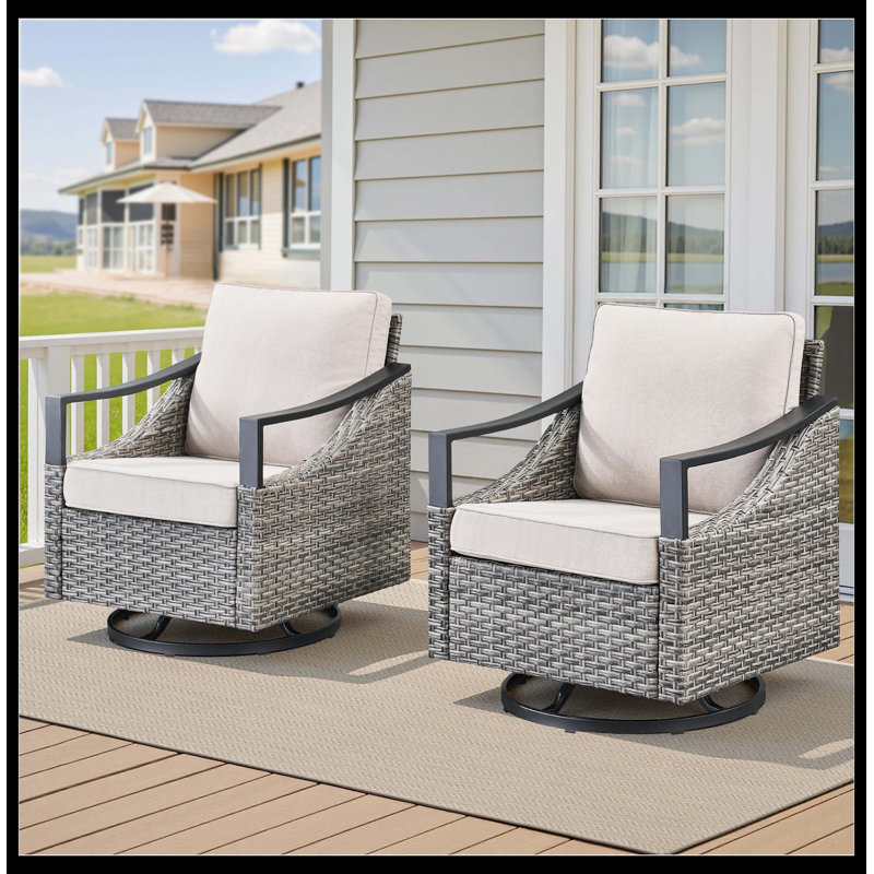 Ensemble de chaises berçantes pivotantes en osier toutes saisons pour l'extérieur, Beige, Gris