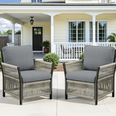 Chaises longues d'extérieur grises 2 pièces, idéales pour la terrasse et la cour, pe toutes saisons avec support en acier thermolaqué, coussins en éponge à haute résilience de 4 pouces, tissu respirant, minimaliste moderne