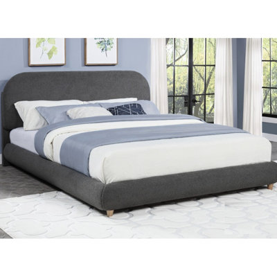 Contemporary Low-Profile Gray Fleece Upholstered Queen-Size Platform Bed With Headboard, Hardware And For Bedroom Use In Upholstery, Wood Frame Side Rails
