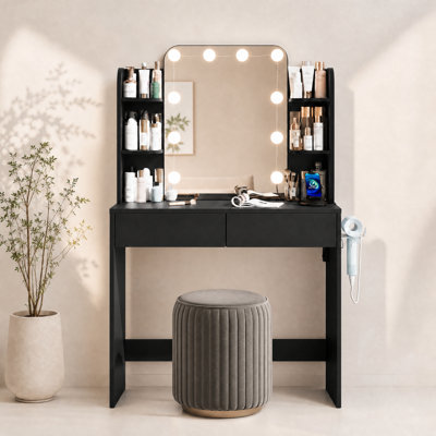 Meuble-lavabo de 31,5 po de largeur, miroir à DEL avec 3 modes d'éclairage, prise de courant et support pour sèche-cheveux pour petites filles