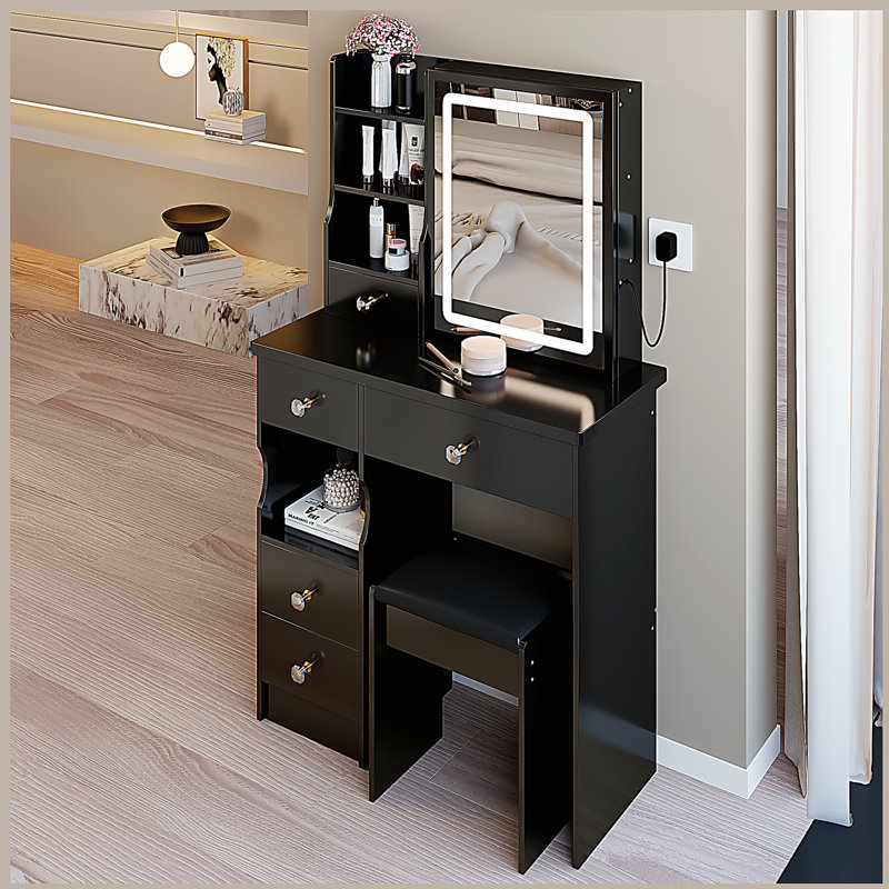 Petit meuble-lavabo de 29,2 po avec tabouret de bureau et tabouret rembourré à gauche 29,2 po, grande commande tactile, interrupteur tricolore, miroir à luminosité réglable, rangement à grande capacité, convient aux petits espaces