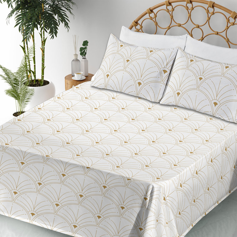 Microfiber Sheet Set, Full Sheet Set with 2 Pillowcases, Off White/Sand Brown Geometric