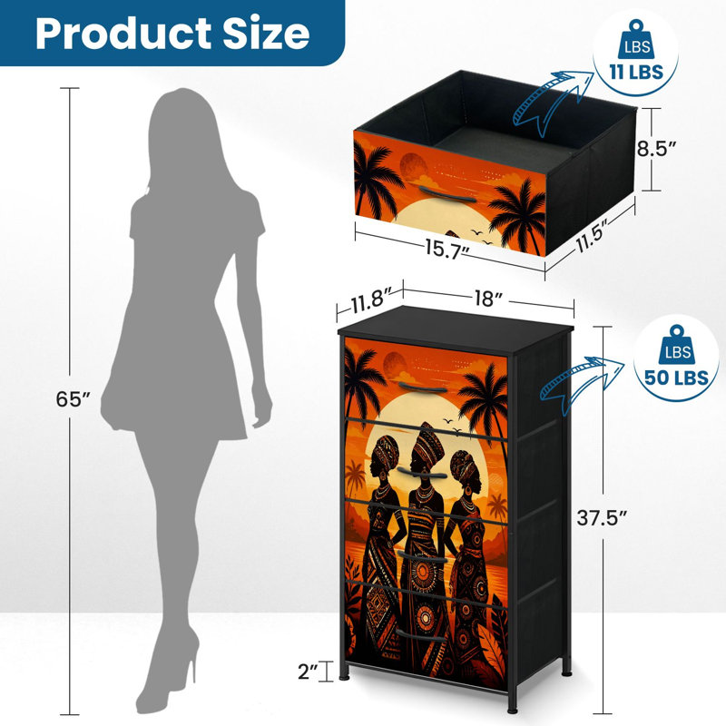 Commode à 4 tiroirs pour chambre à coucher, silhouette de femme vêtue sur fond de coucher de soleil orange, palmiers. Commode étroite avec dessus en bois et structure robuste en fer. 45,7 cm (L) x 95,2 cm (H).