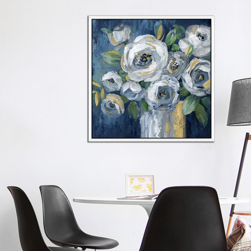 Indigo Touch Of Gold by Nan - Painting on Canvas, 93.98 cm H x 93.98 cm W, White Framed