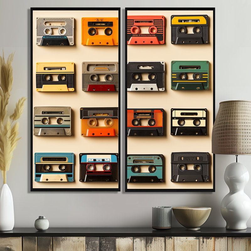 Retro Cassette Tape Collection III - art mural moderne sur toile rouge, 20" H x 24" W, Impression encadrée flottante, Black