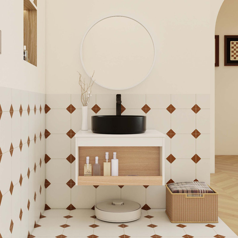 Meuble-lavabo flottant peu encombrant avec lavabo vasque noir mat et rangement ouvert, 24"