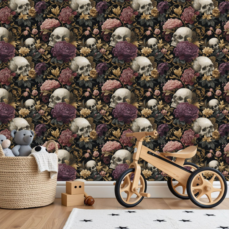 Papier peint adhésif peler et coller en PVC, revêtement mural auto-adhésif amovible avec impression de style antique sans couture botanique crâne foncé romantique, imperméable pour la décoration intérieure - Rouleau