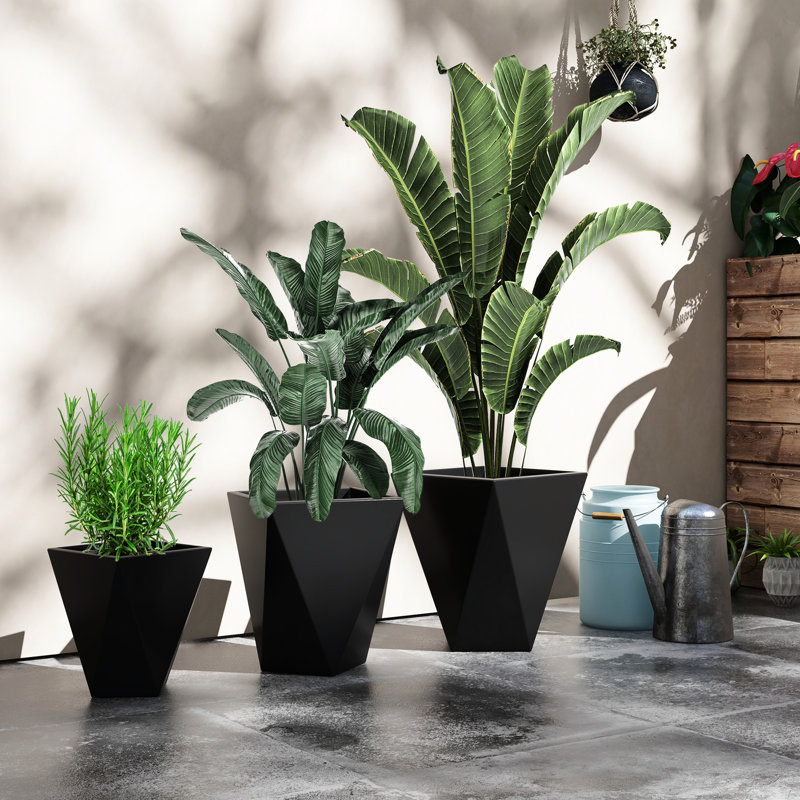 Of 3 Planters, 18", 15.49", 11.75", With Drainage For Garden, Patio, Balcony, Front Door, Black Pots Planters Holes, Indoor Outdoor