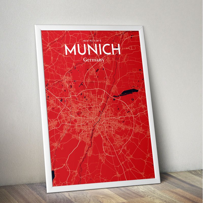 Munich City Map - No Frame Print, 43.2cm H x 27.9cm x 0.13cm D, Red