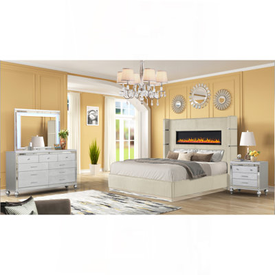 Ensemble de chambre à coucher en tissu d'ameublement pour grand lit 4 pièces avec éclairage ambiant en velours beige Upholstery