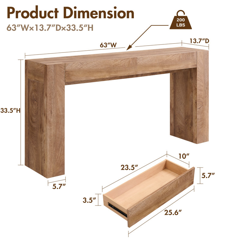 63-Inch Farmhouse Console Table - Rectangular Sofa Table Behind Couch, Entryway Table For Foyer, Hallway, Living Room