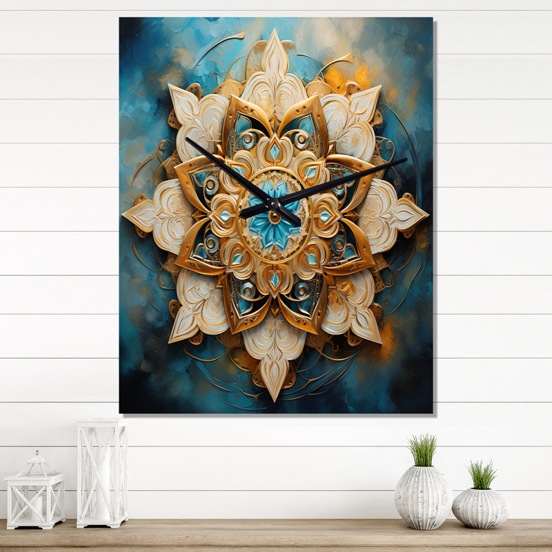 Horloge murale Divine Mandala en or rétro et turquoise II - Boho Mandala, Très grand