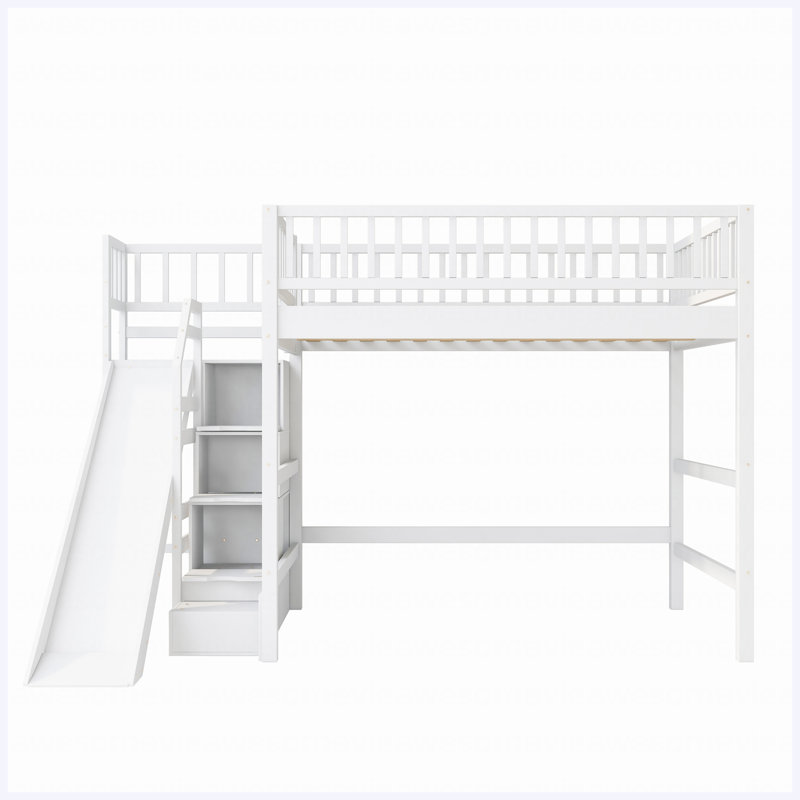 Lit mezzanine double blanc avec escalier de rangement, glissade et lumière DEL intégrée