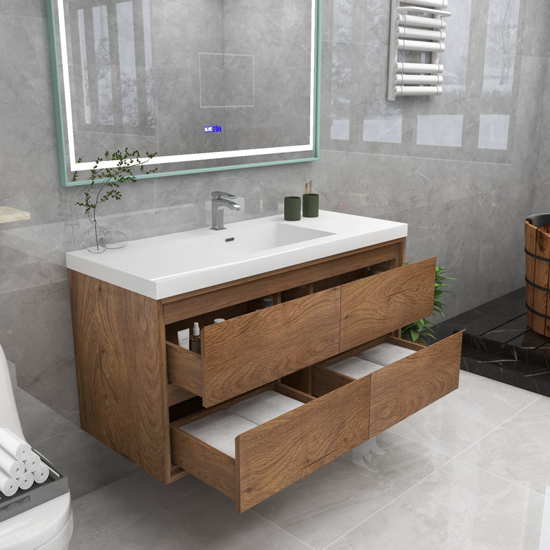 Ensemble de meuble-lavabo simple mural 48 po Azden, Teck chêne