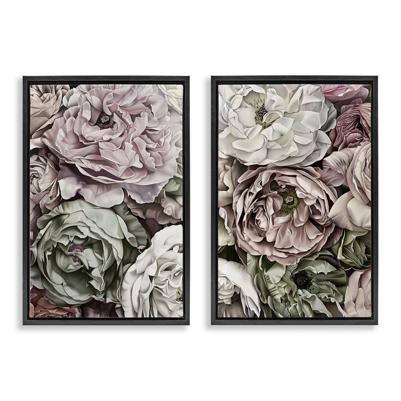 Mixed Roses and Peonies 2pc Floating Frame Set, design by Annabelle Hall, 25" H x 17" W, Jet Black Floater Frame