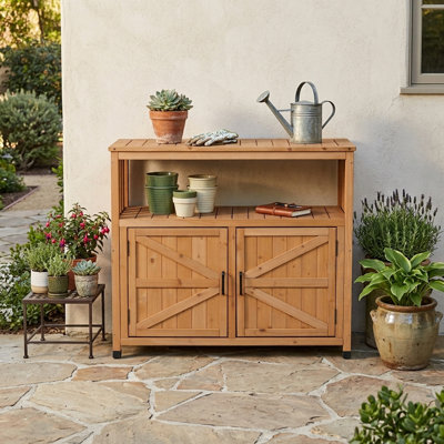 Table de patio d'extérieur en bois de sapin avec rangement - Buffet d'extérieur rectangulaire et console pour terrasse, jardin ou intérieur