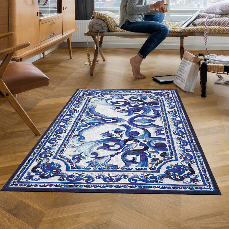 Tapis à imprimé numérique bleu marine et blanc, Rectangle 4 pi 11 po x 9 pi 10 po