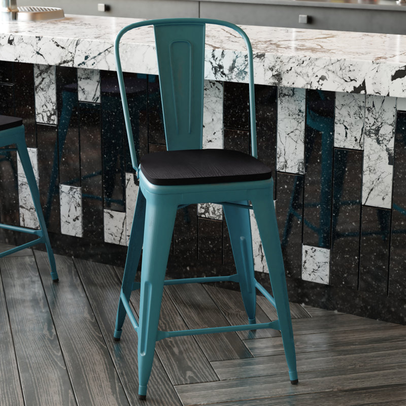 Tabouret à hauteur de comptoir toutes saisons avec siège en résine polyester Brinya, Bleu / noir