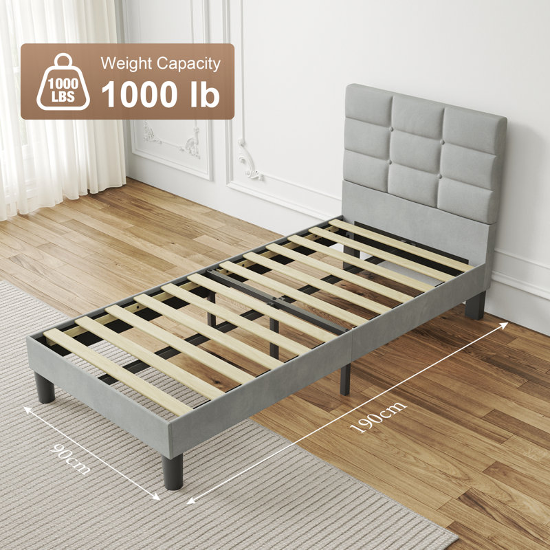 Modern Velvet Upholstered Bed Frame with Square Tufted Headboard, Light Grey, Single (3')