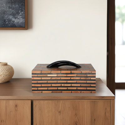 Brick-Pattern Decorative Box with Lid for Home Decor - Wooden Storage or Keepsake Organizer with Curved Handle for Bedroom Accent - 17", Black & Brown