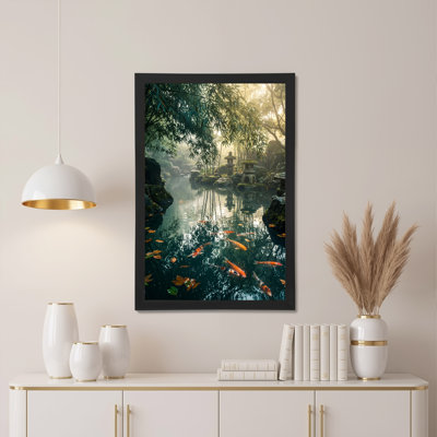 Koi Fish In Japanese Garden Pond With Stone Lanterns Canvas Wall Art