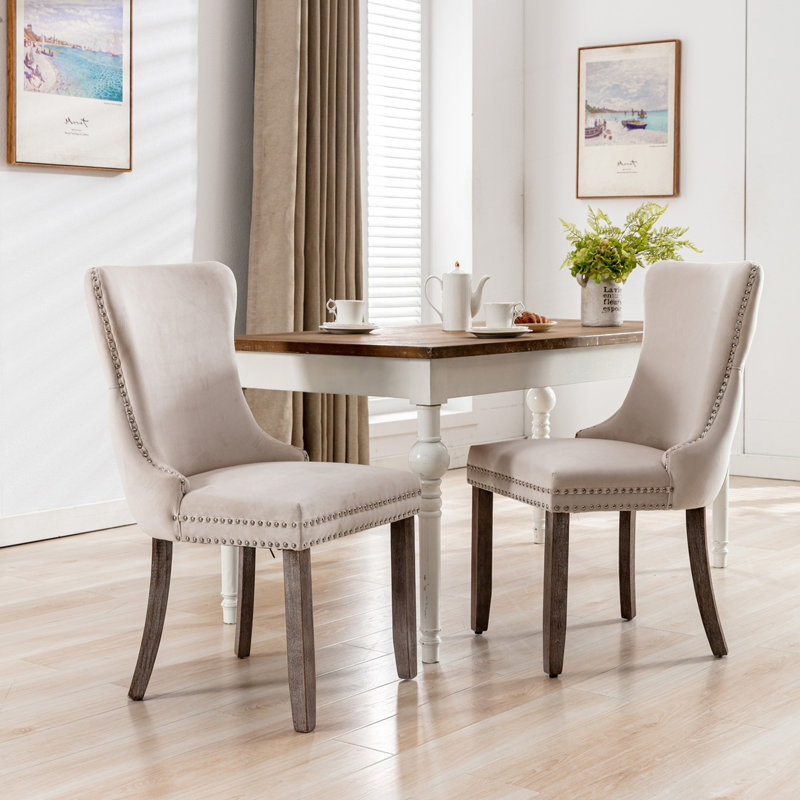 Ensemble de 2 chaises de salle à manger rembourrées à oreilles avec garniture cloutée, chaise de cuisine, Beige