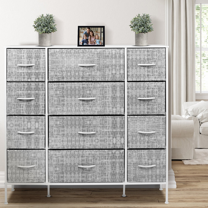 Gray and White 12-Drawer Steel Frame Dresser with Wood Top